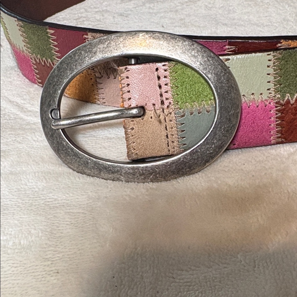 Vintage Fossil pastel & bright multicolor patchwork leather/suede belt Sz Medium - Picture 2 of 16